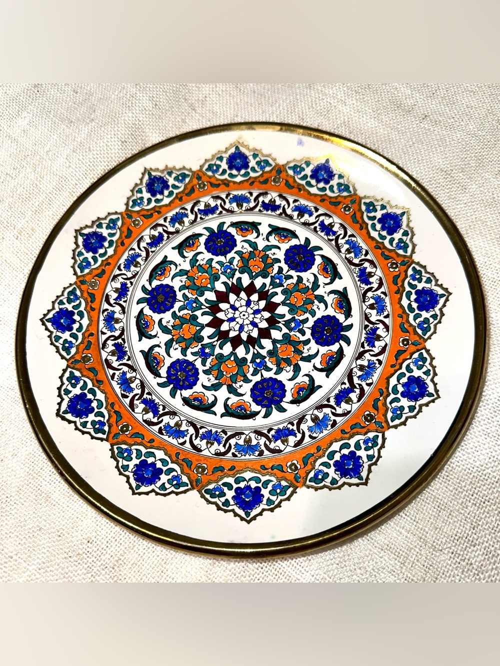 Vintage 1964 Hand Painted Turkish Ceramic Iznik Wall Plate Gold Trim